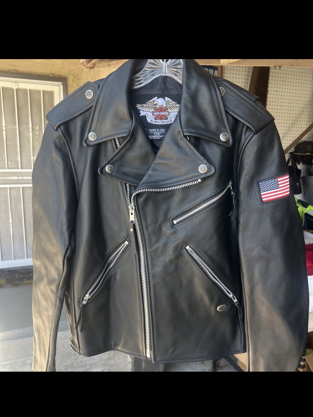 Harley-Davidson Black Leather Biker Jacket with American Flag Patch